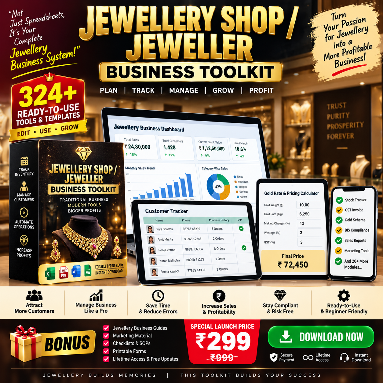 Jewellery Shop Business Toolkit with dashboards, calculators, trackers and 324 ready-to-use tools