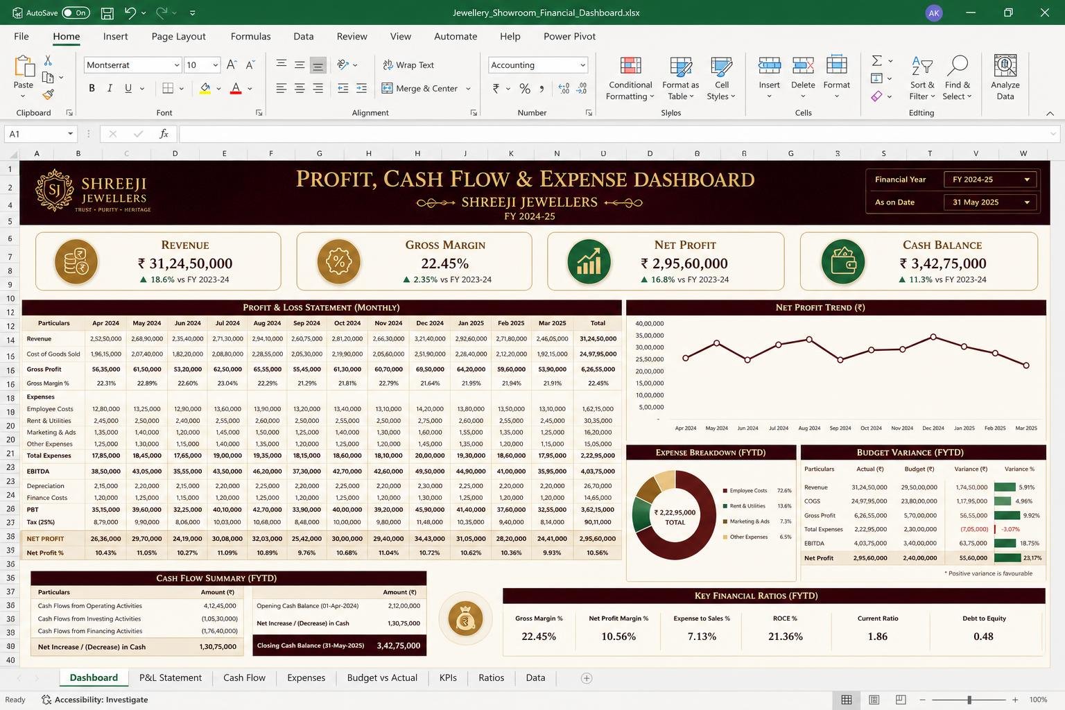 Profit, Cash Flow & Expense Dashboard spreadsheet dashboard
